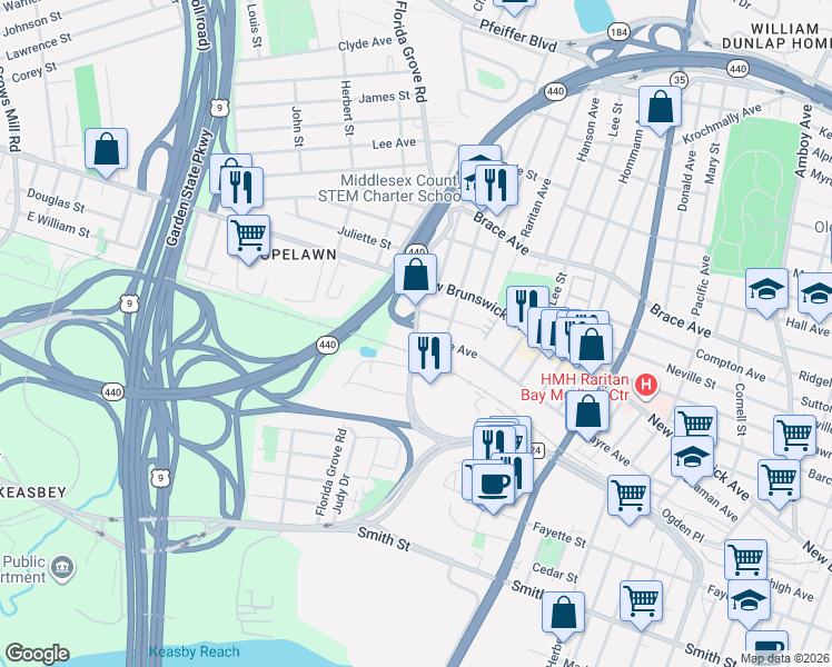map of restaurants, bars, coffee shops, grocery stores, and more near 474 Florida Grove Road in Woodbridge Township
