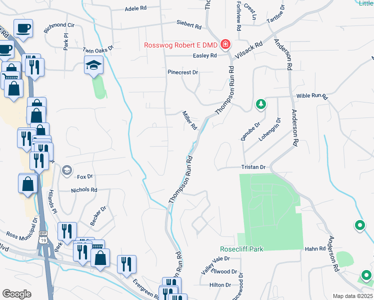 map of restaurants, bars, coffee shops, grocery stores, and more near 217 Thompson Run Road in Pittsburgh