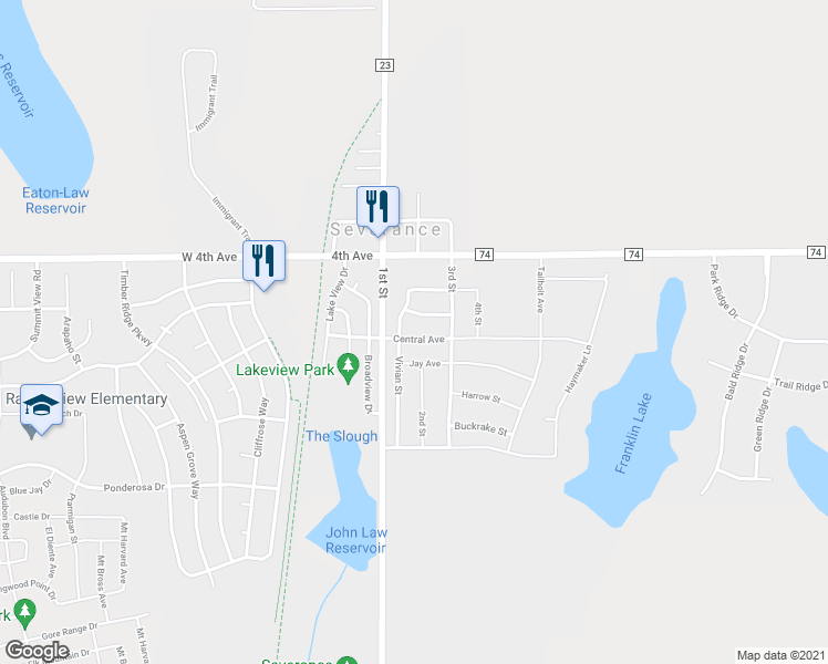 map of restaurants, bars, coffee shops, grocery stores, and more near 303 Central Avenue in Severance