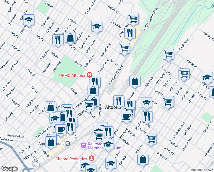 map of restaurants, bars, coffee shops, grocery stores, and more near Chestnut Avenue in Altoona
