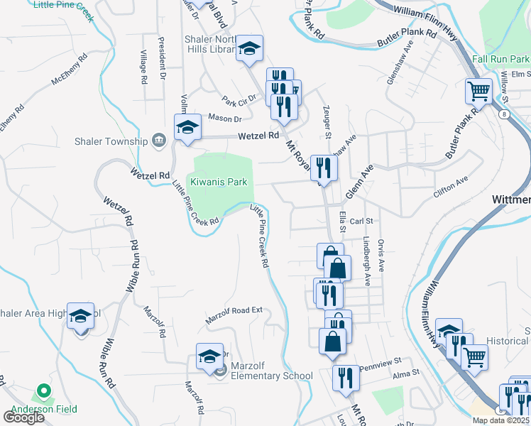 map of restaurants, bars, coffee shops, grocery stores, and more near 730 Little Pine Creek Road in Pittsburgh