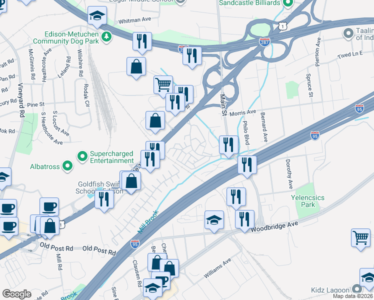 map of restaurants, bars, coffee shops, grocery stores, and more near 801 Edison Glen Terrace in Edison