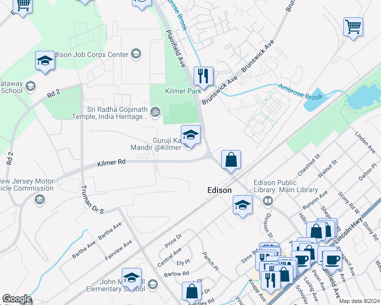 map of restaurants, bars, coffee shops, grocery stores, and more near 6 Kilmer Road in Edison
