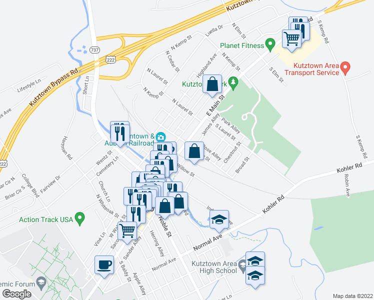 map of restaurants, bars, coffee shops, grocery stores, and more near 144 East Main Street in Kutztown