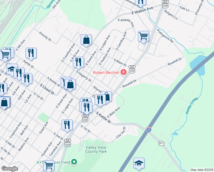 map of restaurants, bars, coffee shops, grocery stores, and more near 908 South Street in Altoona