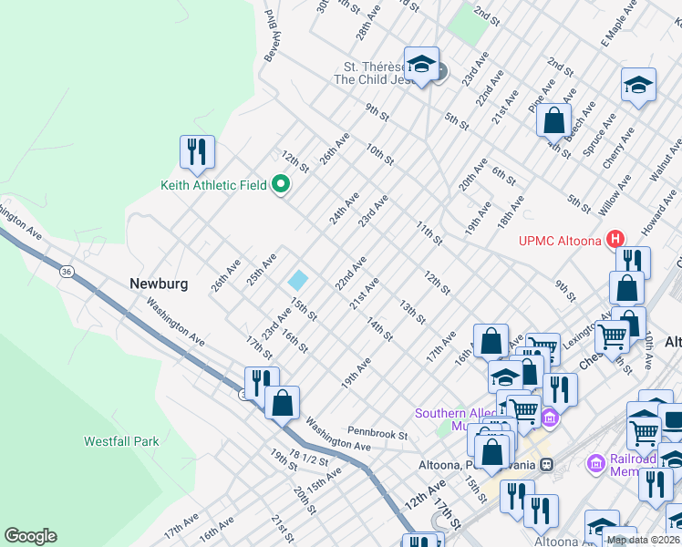 map of restaurants, bars, coffee shops, grocery stores, and more near 1316 22nd Avenue in Altoona