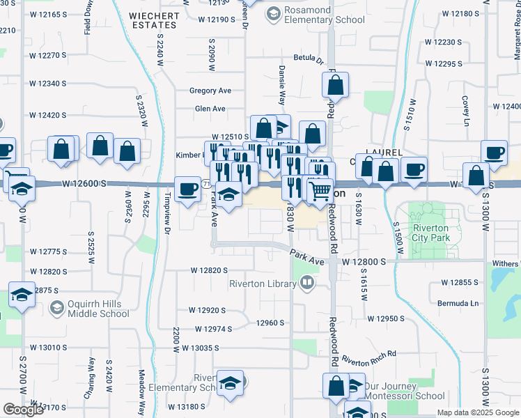 map of restaurants, bars, coffee shops, grocery stores, and more near Trail Heights Drive in Riverton