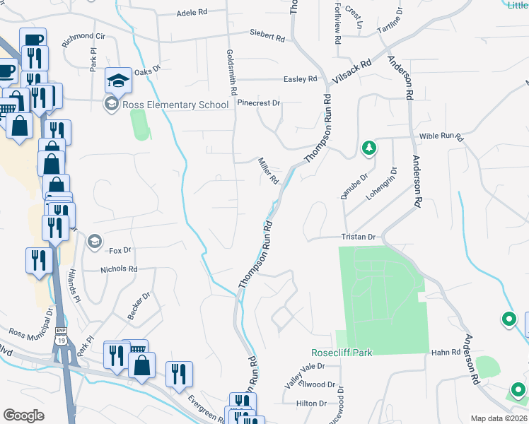 map of restaurants, bars, coffee shops, grocery stores, and more near 217 Thompson Run Road in Pittsburgh
