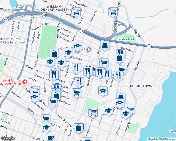 map of restaurants, bars, coffee shops, grocery stores, and more near 649 West Side Avenue in Perth Amboy