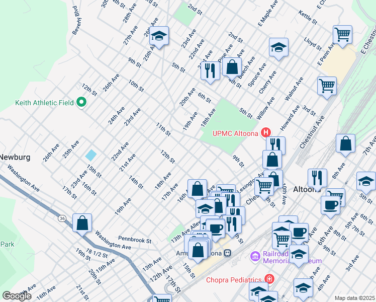 map of restaurants, bars, coffee shops, grocery stores, and more near 1800 11th Street in Altoona