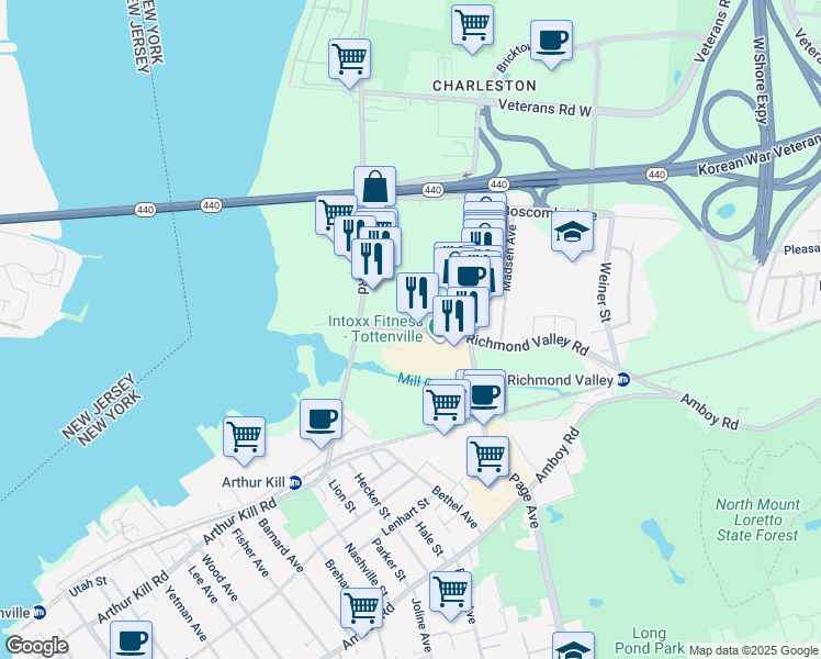 map of restaurants, bars, coffee shops, grocery stores, and more near 256 Richmond Valley Road in Staten Island