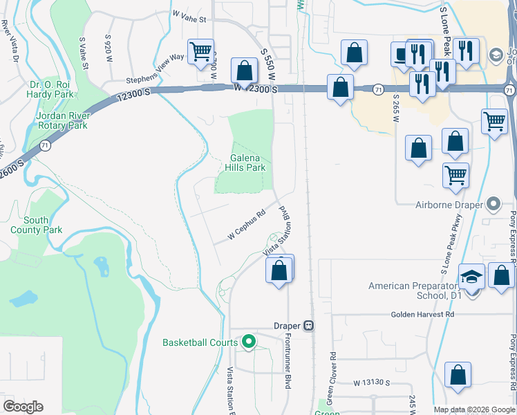 map of restaurants, bars, coffee shops, grocery stores, and more near 584 West Cephus Road in Draper