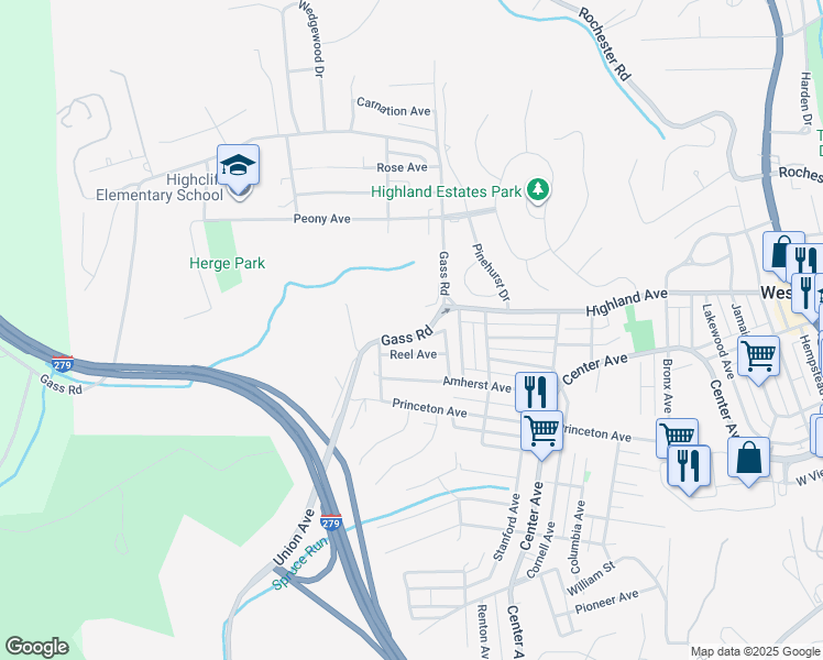 map of restaurants, bars, coffee shops, grocery stores, and more near 33 Gass Road in Pittsburgh