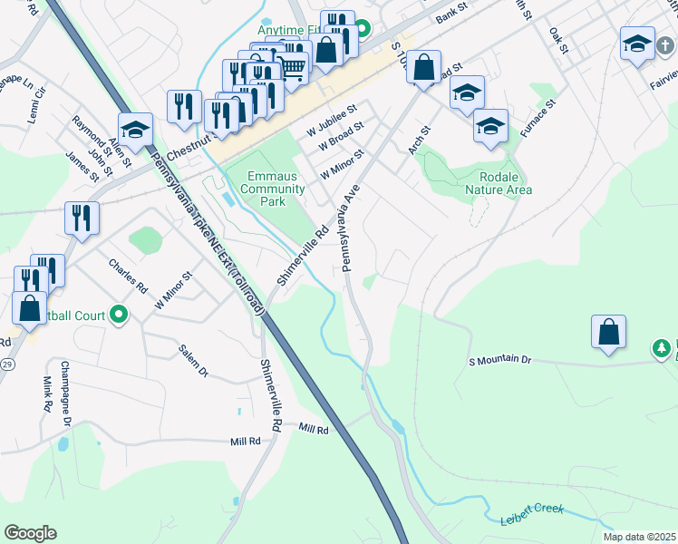 map of restaurants, bars, coffee shops, grocery stores, and more near 1375 Pennsylvania Avenue in Emmaus