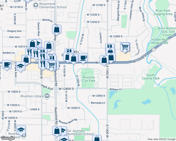 map of restaurants, bars, coffee shops, grocery stores, and more near 1452 West 12600 South in Riverton