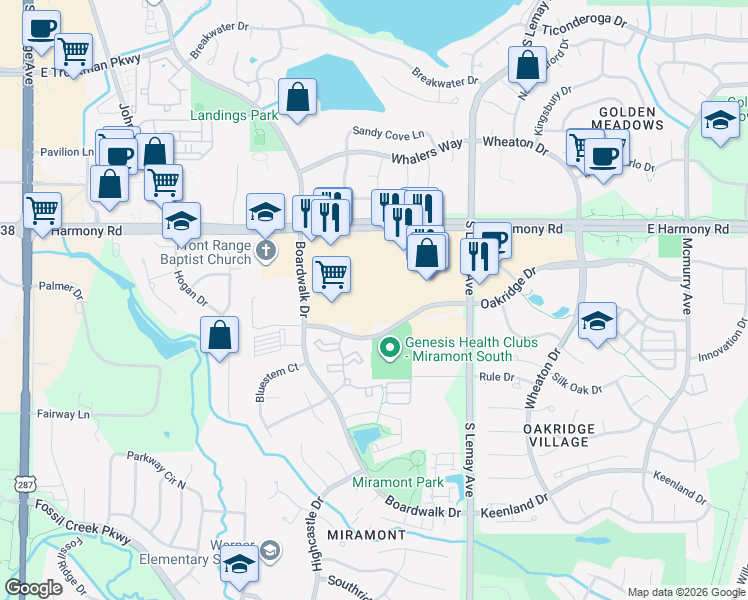 map of restaurants, bars, coffee shops, grocery stores, and more near 885 Oakridge Drive in Fort Collins