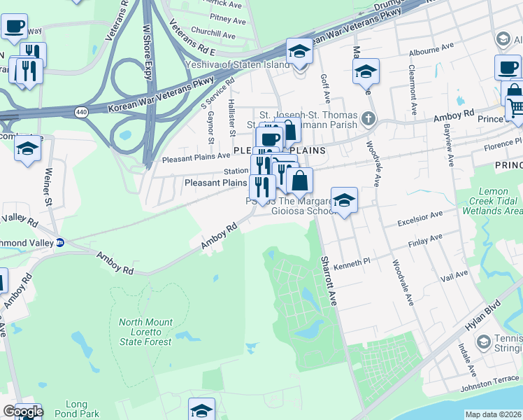 map of restaurants, bars, coffee shops, grocery stores, and more near 6420 Amboy Road in Staten Island