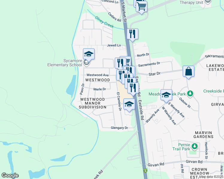 map of restaurants, bars, coffee shops, grocery stores, and more near 3017 Merle Drive in Redding