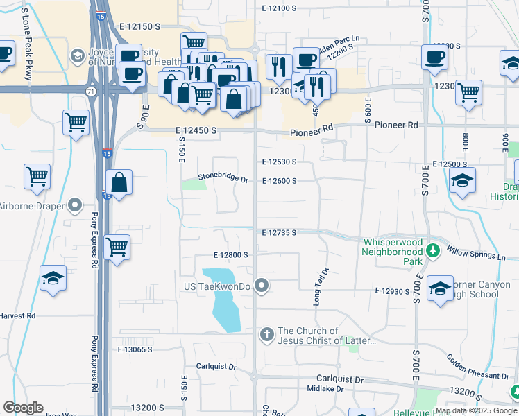 map of restaurants, bars, coffee shops, grocery stores, and more near 12678 South 300 East in Draper