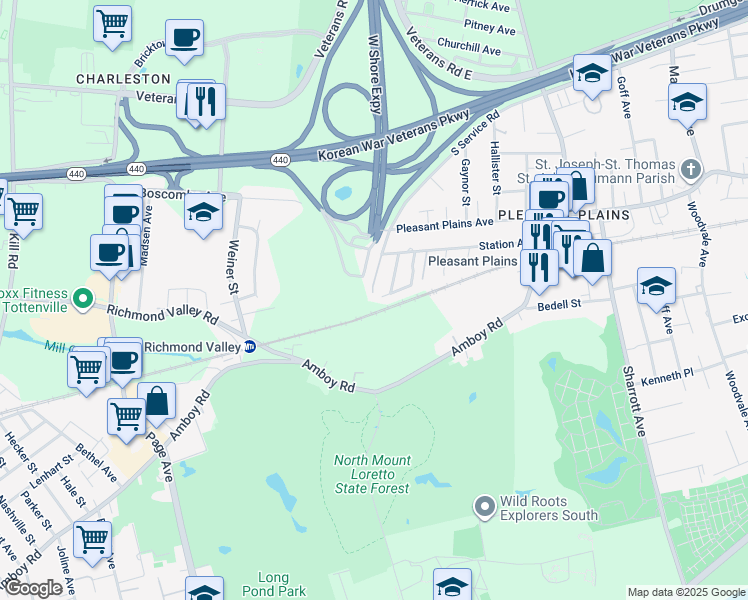 map of restaurants, bars, coffee shops, grocery stores, and more near 55 Emerald Court in Staten Island