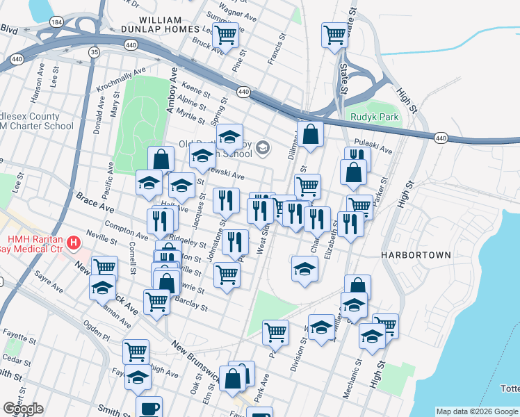 map of restaurants, bars, coffee shops, grocery stores, and more near 649 West Side Avenue in Perth Amboy