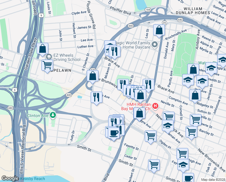 map of restaurants, bars, coffee shops, grocery stores, and more near 675 New Brunswick Avenue in Perth Amboy