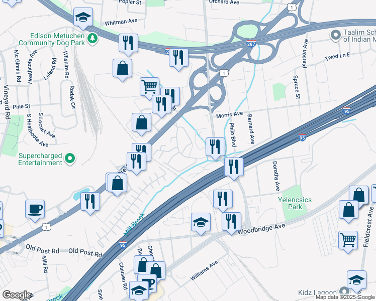 map of restaurants, bars, coffee shops, grocery stores, and more near 1208 Edison Glen Terrace in Edison