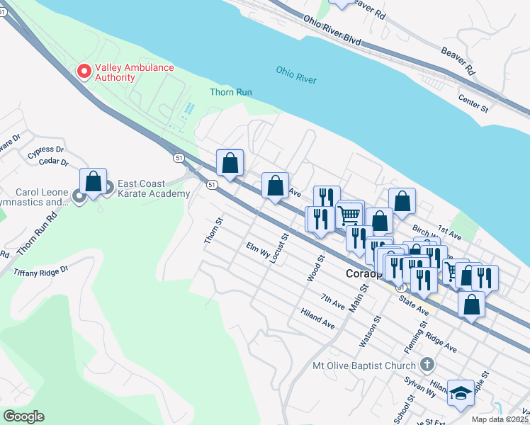 map of restaurants, bars, coffee shops, grocery stores, and more near in Coraopolis