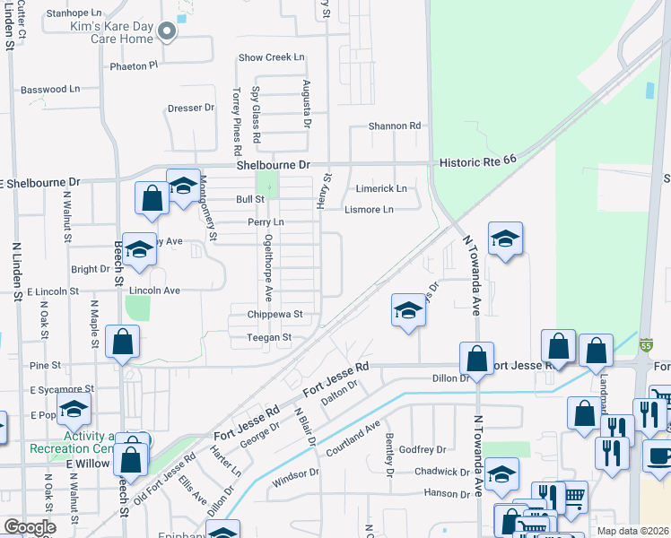 map of restaurants, bars, coffee shops, grocery stores, and more near 1212 Henry Street in Normal