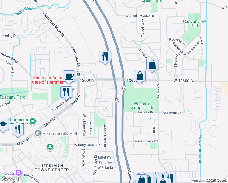 map of restaurants, bars, coffee shops, grocery stores, and more near Copper Springs Court in Riverton