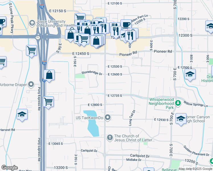map of restaurants, bars, coffee shops, grocery stores, and more near 12678 South 300 East in Draper