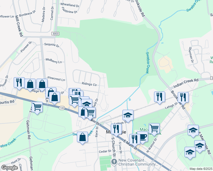 map of restaurants, bars, coffee shops, grocery stores, and more near 120 Lindfield Circle in Macungie