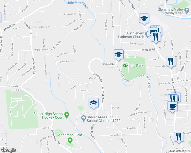 map of restaurants, bars, coffee shops, grocery stores, and more near 119 Wise Lane in Pittsburgh