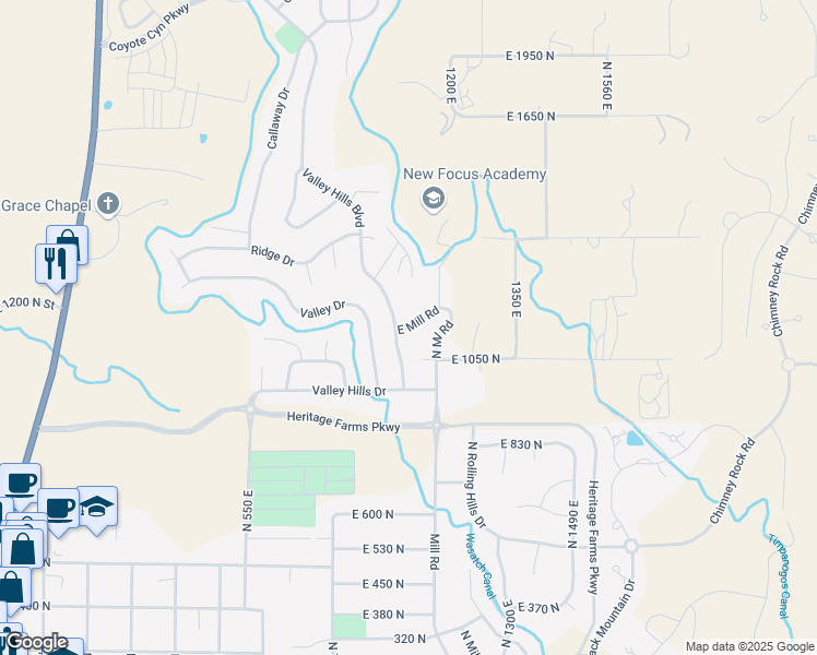 map of restaurants, bars, coffee shops, grocery stores, and more near East Mill Road in Heber City