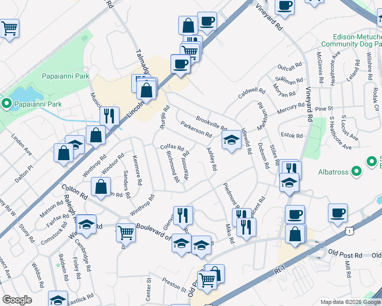map of restaurants, bars, coffee shops, grocery stores, and more near 5 Altamont Road in Edison