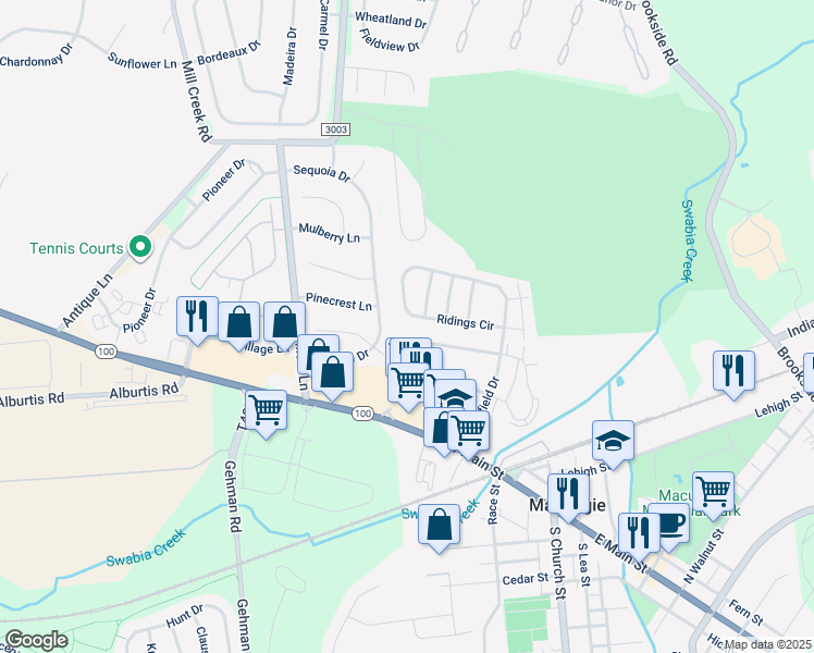 map of restaurants, bars, coffee shops, grocery stores, and more near 202 Ridings Circle in Macungie