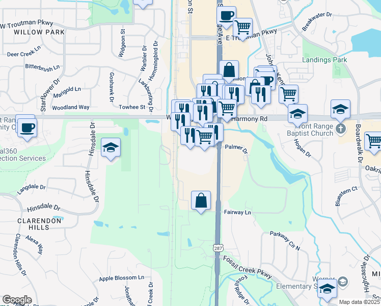 map of restaurants, bars, coffee shops, grocery stores, and more near 4625 S Mason St in Fort Collins