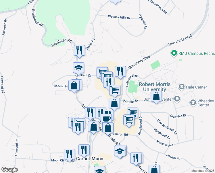map of restaurants, bars, coffee shops, grocery stores, and more near 5990 University Boulevard in Moon