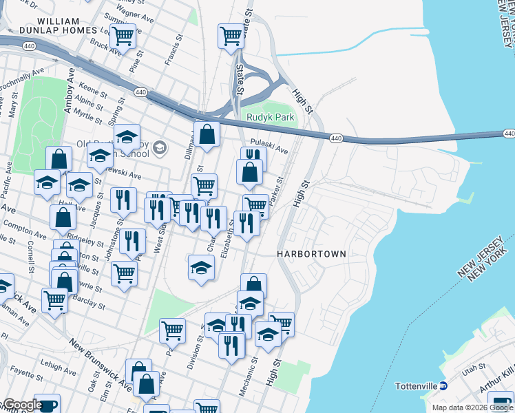 map of restaurants, bars, coffee shops, grocery stores, and more near 682 State Street in Perth Amboy