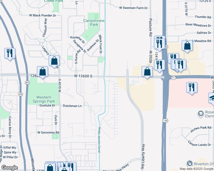 map of restaurants, bars, coffee shops, grocery stores, and more near 12656 South Quail Lake Drive in Riverton