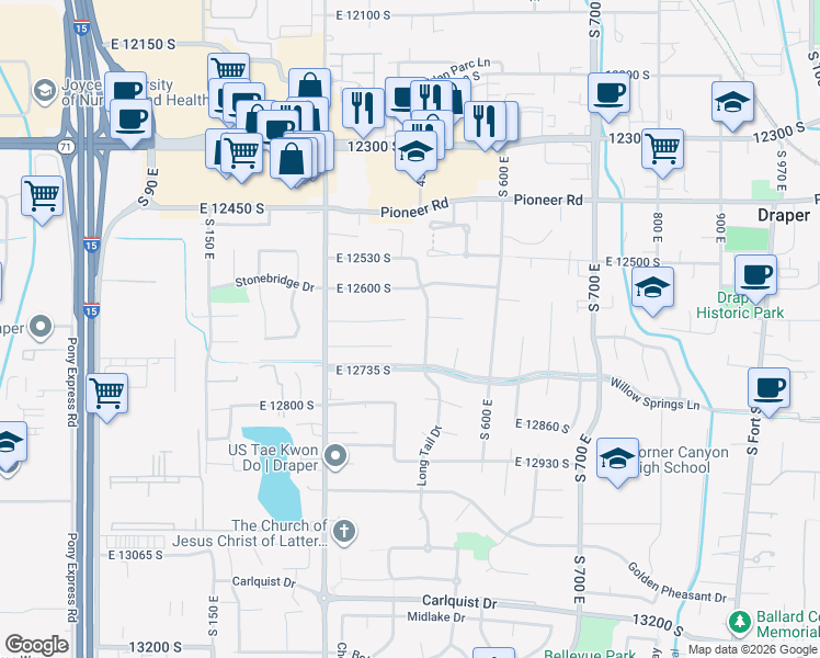 map of restaurants, bars, coffee shops, grocery stores, and more near 413 Whisperhollow Circle in Draper