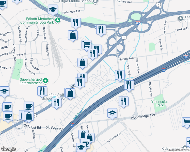 map of restaurants, bars, coffee shops, grocery stores, and more near 312 Edison Glen Terrace in Edison