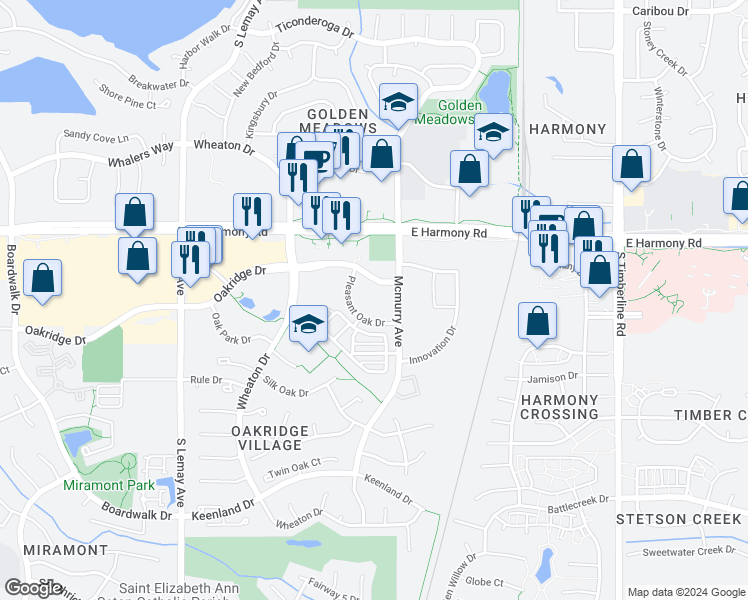 map of restaurants, bars, coffee shops, grocery stores, and more near 4750 Pleasant Oak Drive in Fort Collins
