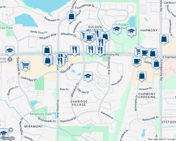 map of restaurants, bars, coffee shops, grocery stores, and more near 4750 Wheaton Drive in Fort Collins