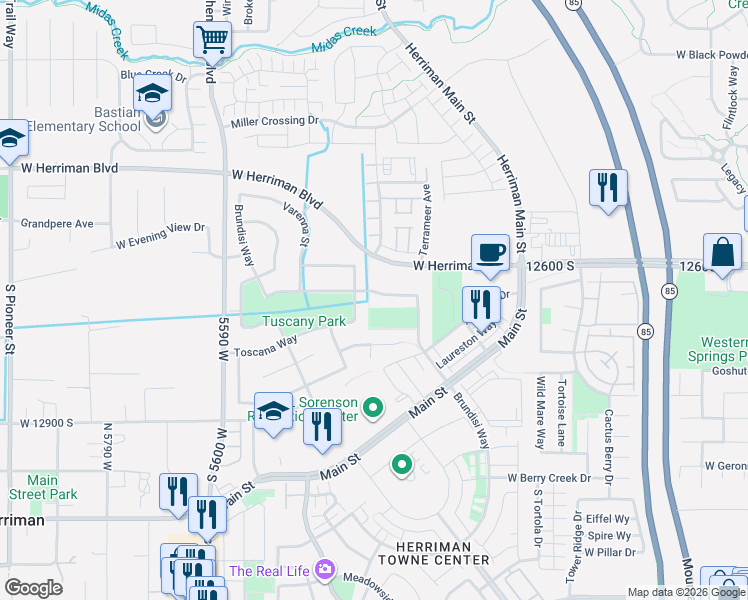 map of restaurants, bars, coffee shops, grocery stores, and more near 5283 Brundisi Way in Herriman