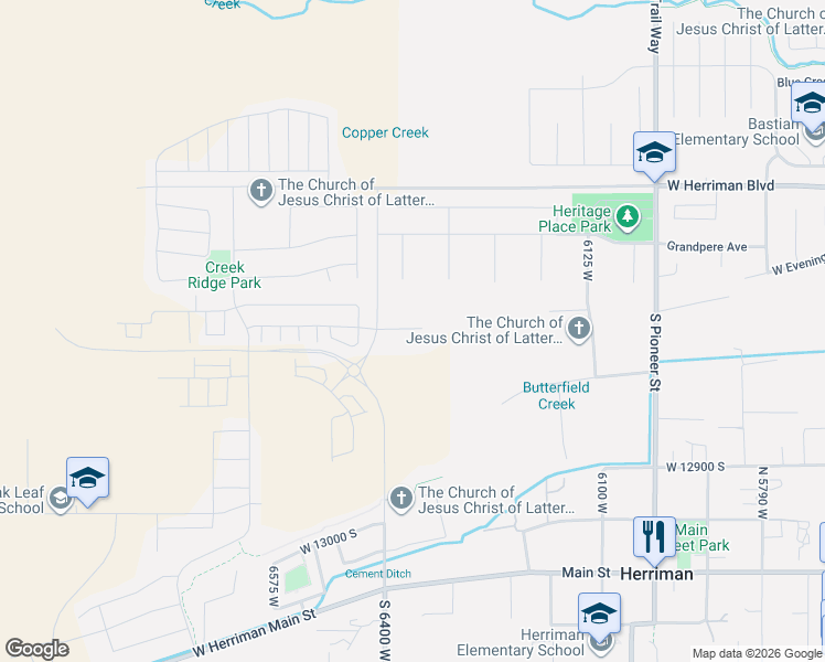 map of restaurants, bars, coffee shops, grocery stores, and more near 12587 Heritage Hill Court in Herriman