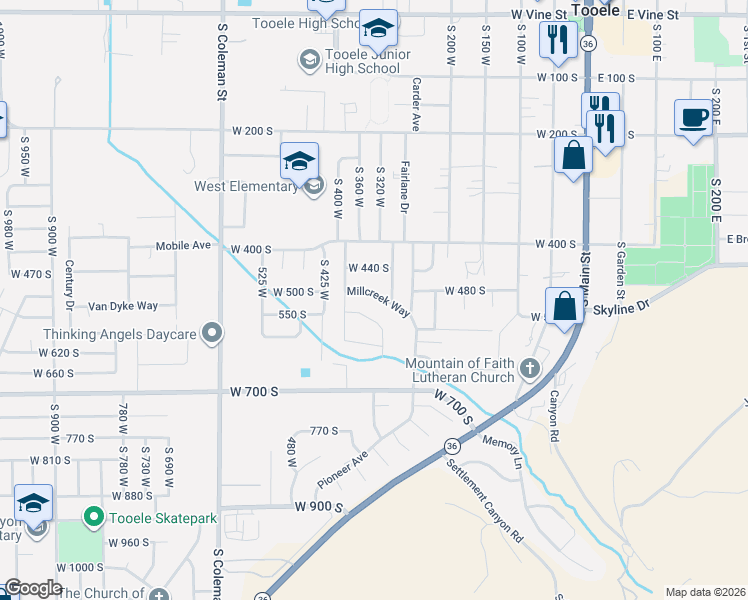 map of restaurants, bars, coffee shops, grocery stores, and more near 348 Caldwell Drive in Tooele