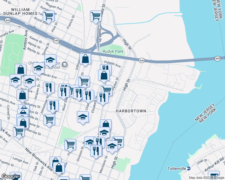 map of restaurants, bars, coffee shops, grocery stores, and more near 682 State Street in Perth Amboy