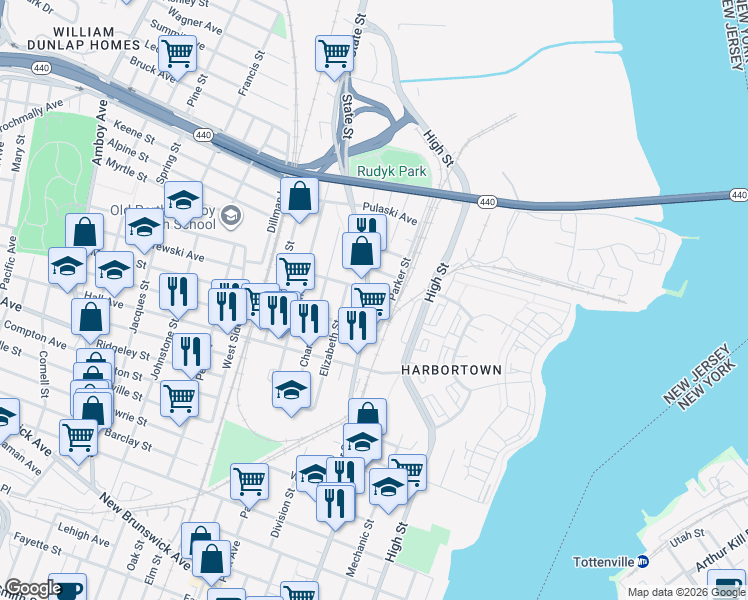 map of restaurants, bars, coffee shops, grocery stores, and more near 682 State Street in Perth Amboy