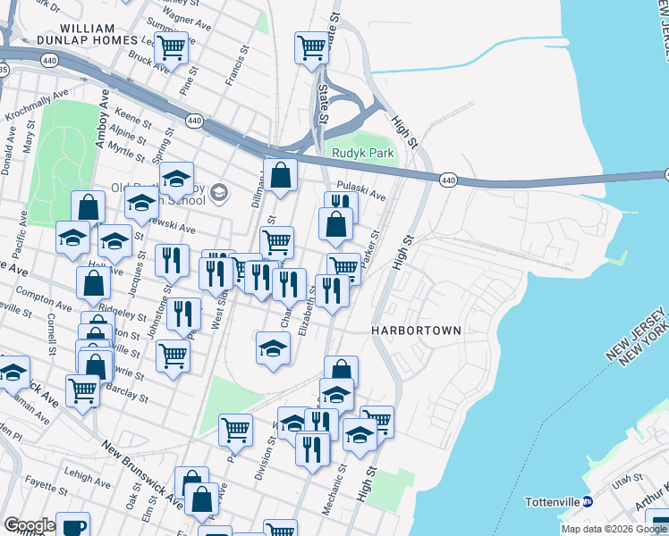 map of restaurants, bars, coffee shops, grocery stores, and more near 682 State Street in Perth Amboy